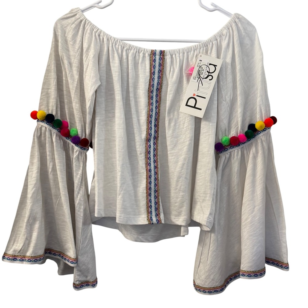 Pitusa White Pima Cotton Pom Pom Crop Top Bell Sleeve Off Shoulder One Size NEW